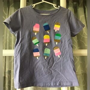 Mini Boden size 6-7 Y popscicle shirt, pink and gold highlight desserts